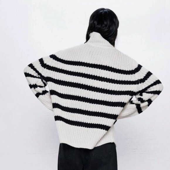 Zara Striped Knit Sweater Button Sleeve White Ecru Black Size Medium - Picture 3 of 8